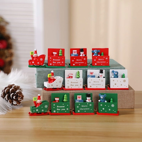 Christmas Wooden Train Ornaments Multi Section Painted Santa Snowman Cartoon Tabletop Decor Desktop Festive Gift