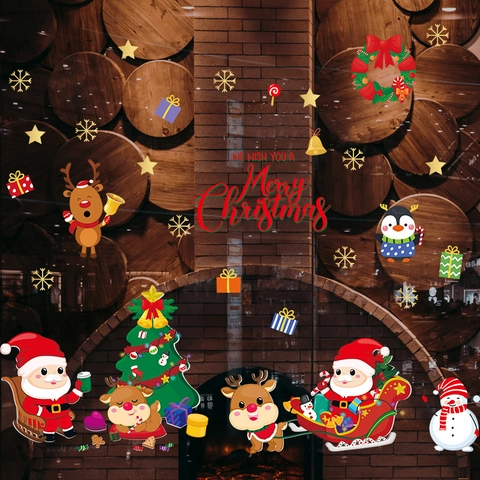 Christmas Window Stickers PVC Santa Claus Reindeer Snowman Cartoon Decals For Glass Door Home Shop Holiday Decoration
