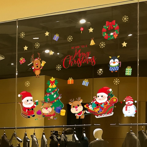 Christmas Window Stickers PVC Santa Claus Reindeer Snowman Cartoon Decals For Glass Door Home Shop Holiday Decoration