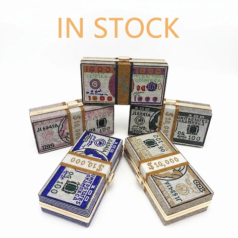 Rhinestone Money Stack Clutch Bag Dollar Bill Pattern Evening Purse Luxury Sparkly Hard Shell Handbag With Detachable Metal Chain For Women Party Wedding