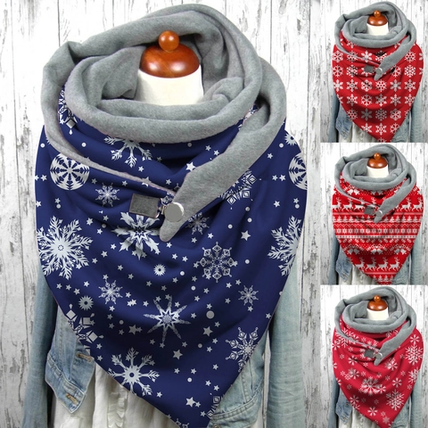 Écharpe Femme Bouton Cache-cou Polyester Doublé Polaire Hiver Chaud Extérieur Cachemire Flocon De Neige Renne Imprimé