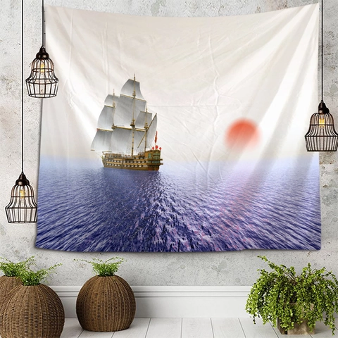 Arazzo Nautico Con Veliero Poliestere Vintage Tramonto Mare Arte Decorazione Estetica Della Stanza