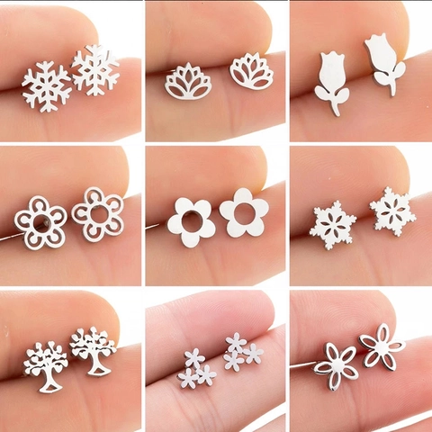 Pendientes De Boton Minimalistas De Acero Inoxidable Copo De Nieve Loto Tulipan Arbol De La Vida Flor Joyas Mujer