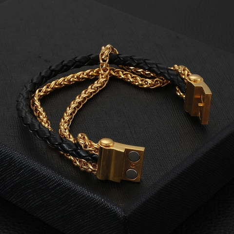 Men's Braided Leather Bracelet With Stainless Steel Wheat Chain Multi-Layer Trendy Punk Hand Jewelry Magnetic Clasp
