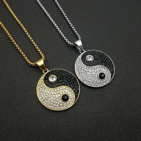 Tai Chi Yin Yang Pendant Necklace Titanium Steel Rhinestone Black White Hip Hop Jewelry For Men Women