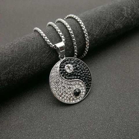Tai Chi Yin Yang Pendant Necklace Titanium Steel Rhinestone Black White Hip Hop Jewelry For Men Women