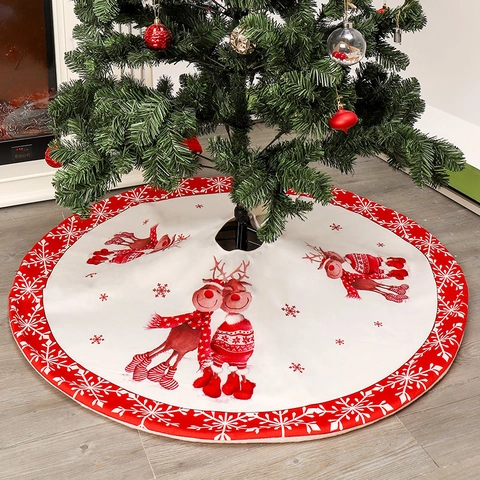 Falda Para Árbol De Navidad Redonda Rojo Blanco Reno Patrón Copo De Nieve Decoración De Suelo Festivo Hogar Franela