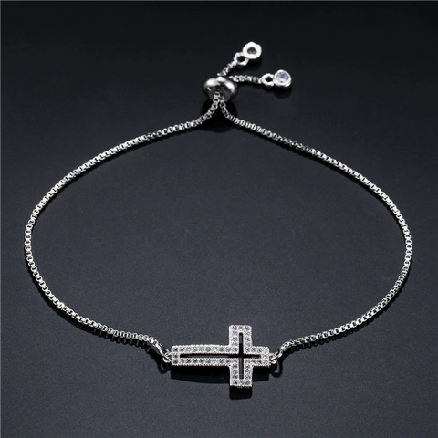 Cross Adjustable Bracelet Copper Zircon Slider Clasp Box Chain Hollow Pavé Setting Fashion Jewelry For Women