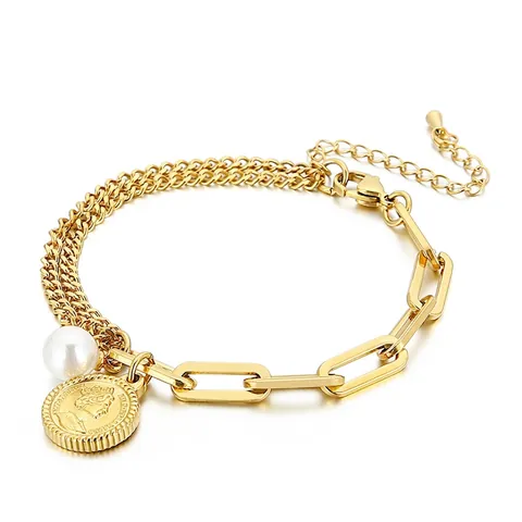 Stainless Steel Bracelet For Women Gold Plated Asymmetric Chain With Coin Pendant Artificial Pearl Vintage Portrait Jewelry