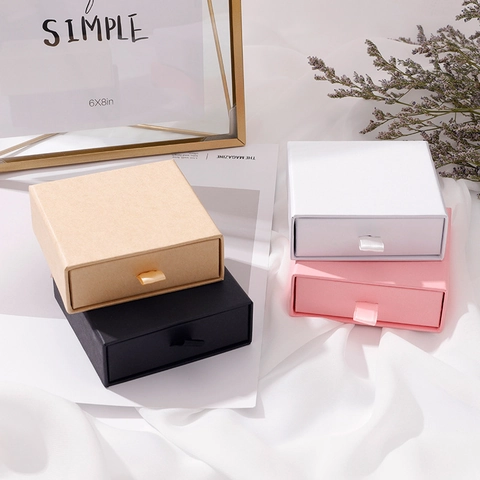 Drawer Jewelry Gift Box Cardboard Packaging Case With Ribbon Handle For Ring Earring Necklace Bracelet Storage Jewelry Organizer