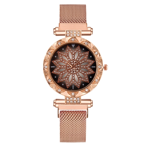Women's Quartz Watch Metal Mesh Strap Magnetic Buckle Rhinestone Flower Dial Fashion Elegant Wristwatch