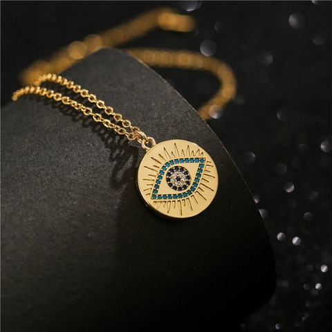 Evil Eye Anhänger Halskette Kupfer Vergoldet Geometrische Scheibe Mikro Pave Zirkonia Schmuck Für Damen Mode