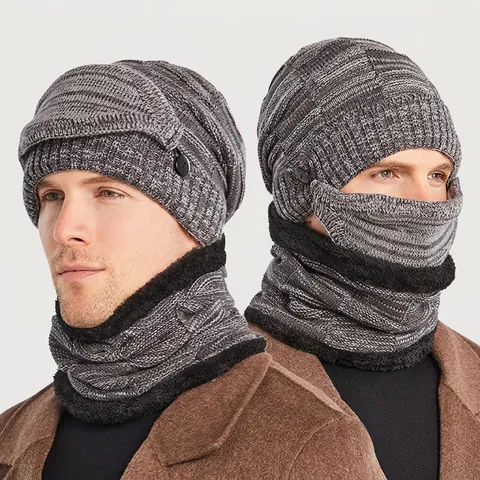 Bonnet En Tricot D'Hiver Tour De Cou Masque Facial Thermique Doublé De Polaire Coupe Vent Hommes Accessoires De Froid