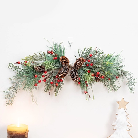 Weihnachts Wandbehang Deko PVC Tannennadeln Natürliche Tannenzapfen Rote Beeren Gefrosteter Nordischer Stil Haus Dekoration