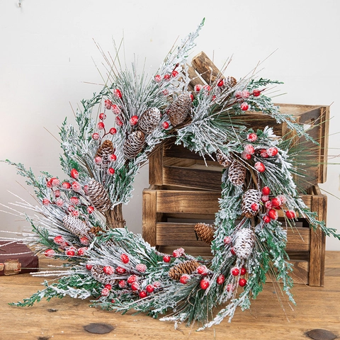 Christmas Wreath Artificial Frosted Pine Needles Natural Pine Cones Red Berries Front Door Wall Hanging Decor Ornament