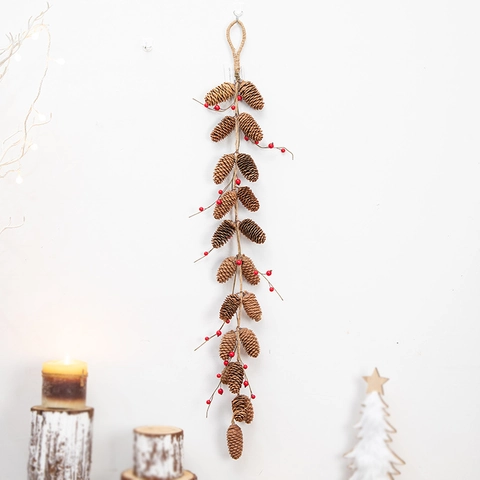 Christmas Decoration Swag With Artificial Pine Needles Natural Pine Cones Red Berries Snow Effect Festive Wall Hanging