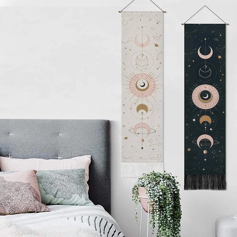 Arazzo Da Parete Fasi Lunari Astrologia Sole Mistico Fiore Appeso Con Nappa Decorazione Boho Cotone Lino