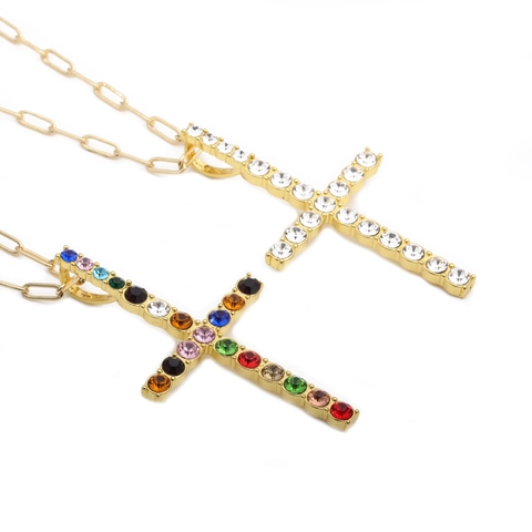 Collier Pendentif Croix Chaîne En Cuivre Alliage Strass Hip Hop Iced Out Bling Bijoux Pour Hommes Femmes
