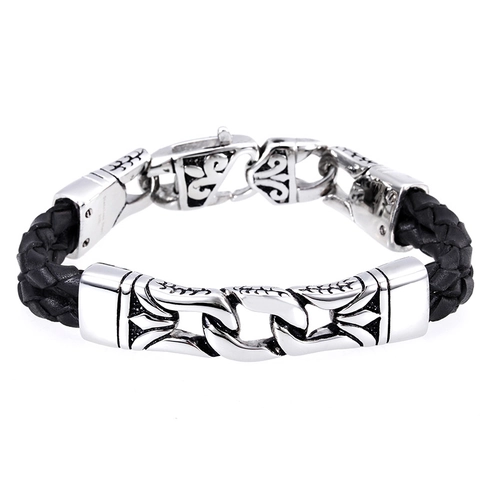 Bracciale In Pelle Intrecciata Da Uomo Acciaio Inossidabile Totem Intagliato Punk Gotico Gioielli