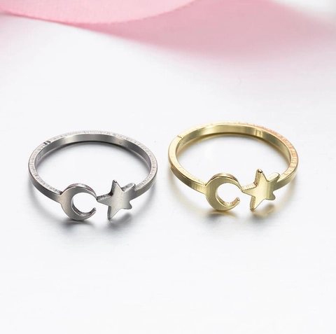 Anello In Acciaio Inossidabile Stella Luna Minimalista Fascia Aperta Regolabile Gioielli Dolci Coreani Per Donne Accessorio Moda