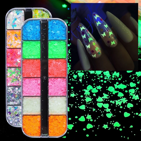 Lichtgevende Nail Art Pailletten Glow In The Dark Vlinder Hart Ster Maan Vormen Plastic Manicure Decoratie DIY Fluorescerend
