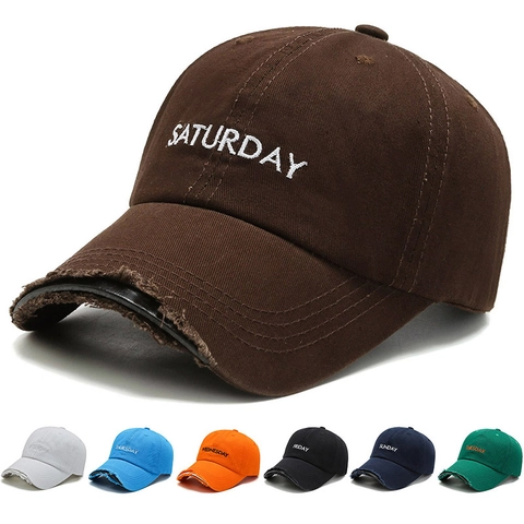 Casquette De Baseball En Coton Lavé Distressed Broderie Lettres Semaine Réglable Unisexe Chapeau Soleil Streetwear Style Vintage