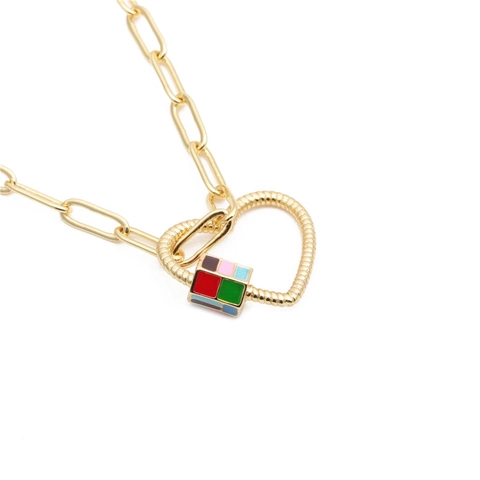 Collier À Fermoir Vis En Forme De Cœur Pendentif Cube Émail Coloré Cuivre Plqué Or Chaîne Trombone Bijoux Hip Hop Femmes