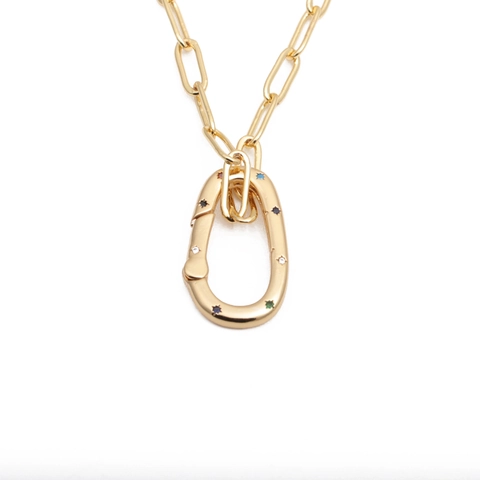 Collar Con Colgante De Mosquetón Ovalado Hip Hop Cobre Circón Colorido Micro Incrustado Cadena De Clip Joyería