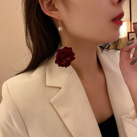 Rote Rosenblüte Künstliche Perle Lange Quaste Drop Ohrringe Mit 925 Sterling Silber Ohrstecker Vintage Französischen Stil Für Frauen