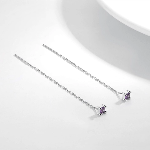 Orecchini A Filo Con Catena Lunga Con Zirconi Cubici Quadrati Argento Sterling 925 Gioielli Geometrici Minimalisti Donna