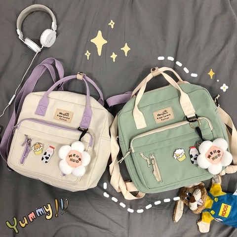 Japanischer Ins Stil Nylon Rucksack Für Damen Kawaii Schultasche Mit Blumenanhänger Und Pins Mehrere Taschen Handtasche