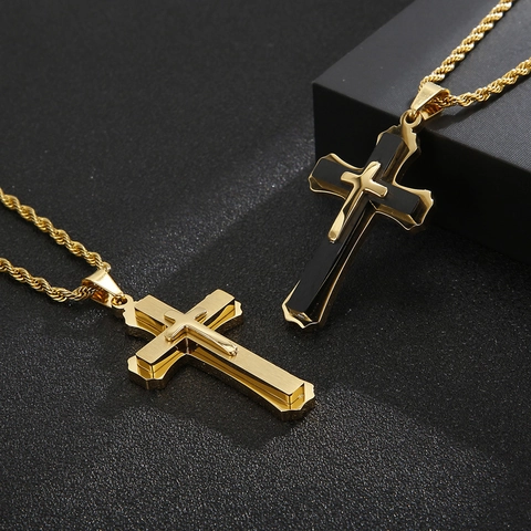 Cross Pendant Necklace Stainless Steel Double Layered Jewelry Rope Chain Trendy Hip Hop Fashion Accessories For Men Women