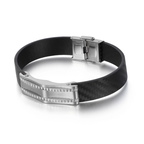 Bracelet Homme En Acier Inoxydable Avec Texture En Fibre De Carbone Industriel Géométrique Jonc Mode Sportif