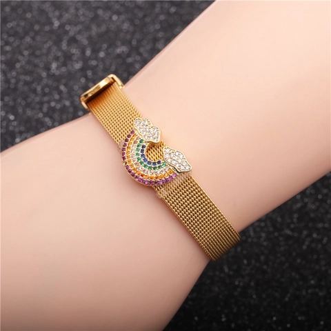Bracciale In Maglia Nuvola Arcobaleno Cinturino In Acciaio Inossidabile Fibbia Regolabile Gioielli In Zirconia Per Donna