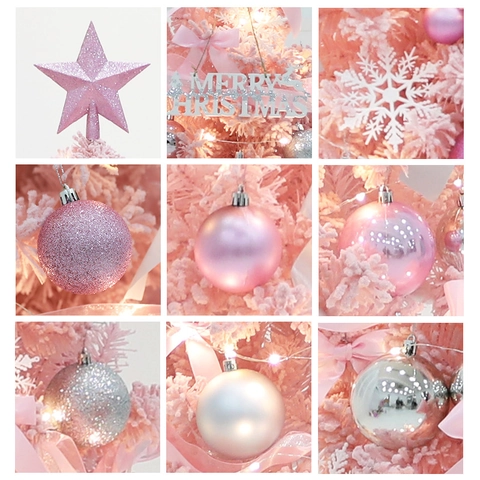 Christmas Tree Decor Ornaments Pink Blue Balls Star Topper Snowflake Bows LED Warm Lights Merry Christmas Lettering Plastic