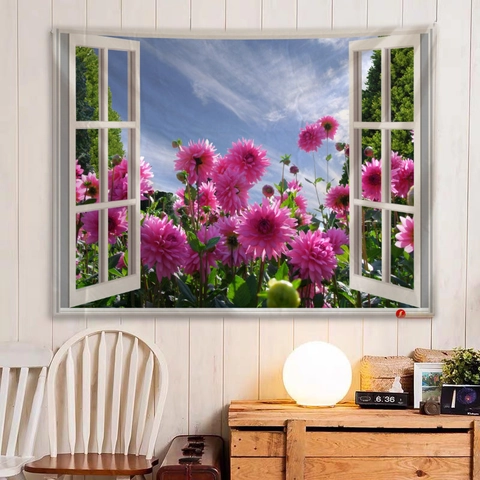 Arazzo Paesaggio Vista Finestra 3D Decorazione Parete Tessuto Poliestere Natura Per Camera Letto Soggiorno Dormitorio