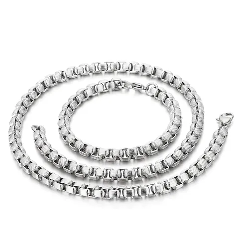 Gioielli Da Uomo Collana E Bracciale A Catena Box In Acciaio Inossidabile 316L Tono Argento Minimalista Lucidato