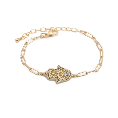 Hamsa Hand Böser Blick Armband Kupfer Vergoldet Mit Bunten Zirkonia Hip Hop Verstellbare Kette Schmuck Für Damen