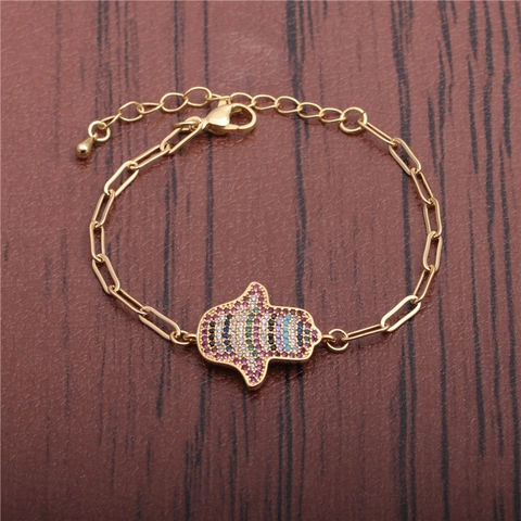 Hamsa Hand Armband Kupfer Mikro Eingelegt Bunte Zirkonia Verstellbar Handgefertigter Hip Hop Schmuck