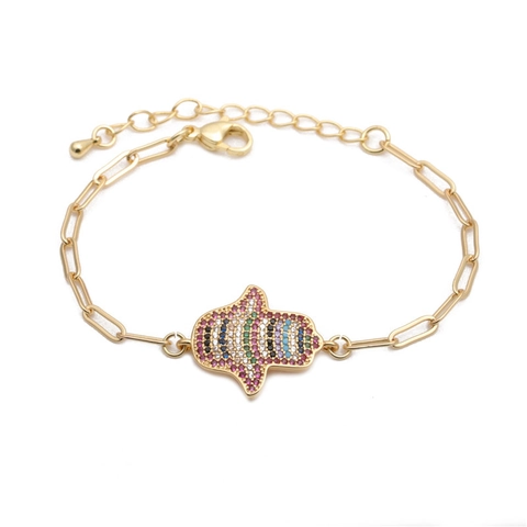 Hamsa Hand Armband Kupfer Mikro Eingelegt Bunte Zirkonia Verstellbar Handgefertigter Hip Hop Schmuck