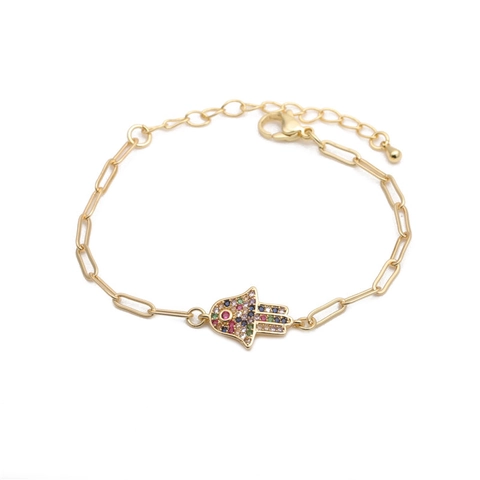 Hamsa Hand Boze Oog Paperclip Ketting Armband Koper Verguld Zirkonia Verstelbaar Hip Hop Amulet Sieraden Vrouwen