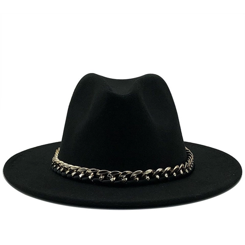 Fedora Hat Wool Felt Wide Brim Golden Metal Chain Decor Vintage Fashion Jazz Cap For Men Women Winter Autumn Solid Color
