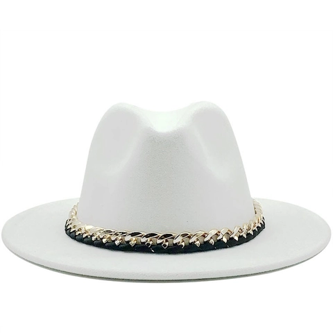Fedora Hat Wool Felt Wide Brim Golden Metal Chain Decor Vintage Fashion Jazz Cap For Men Women Winter Autumn Solid Color