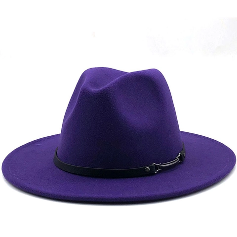 Fedora Hat Woolen Felt Wide Brim Vintage British Style Solid Color Leather Band Metal Buckle Unisex Jazz Cap