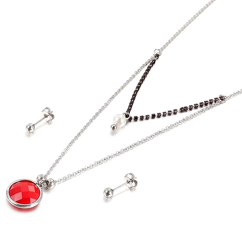 Fashion Double Layer Necklace And Stud Earrings Stainless Steel Glass Gemstone Artificial Pearl Elegant Jewelry For Women