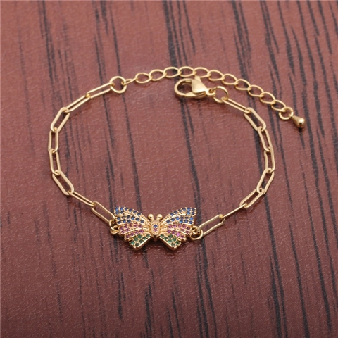 Schmetterling Anhänger Armband Kupfer Bunte Zirkon Büroklammer Gliederkette Verstellbar Hip Hop Mode Schmuck Für Damen