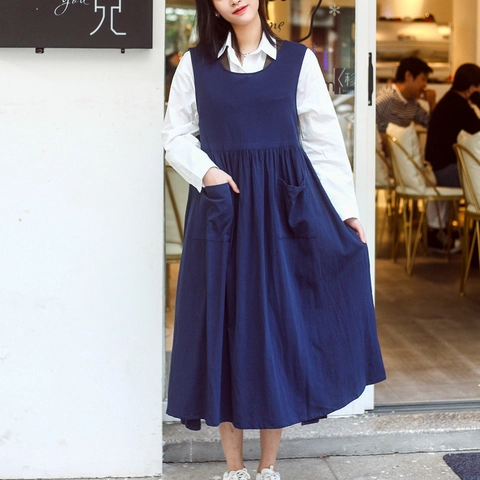 Cotton Pinafore Apron Plus Size Side Tie Workwear For Florist Nail Art Baking Coffee Shop Solid Color With Pockets