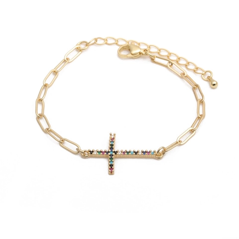 Kruis Hanger Armband Koper Verguld Kleurrijke Zirkonia Verstelbare Schakelketting Hip Hop Mode Sieraden Voor Dames