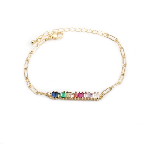 Hip Hop Cuban Bracelet Copper With Colorful Rectangle Cubic Zirconia Adjustable Paperclip Chain Fashion Jewelry For Women