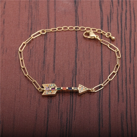 Hip Hop Cuban Chain Bracelet Copper With Rainbow Colorful Zircon Arrow Pendant Adjustable Jewelry For Men And Women